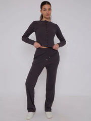 Fine Rib Button Detail Top & Wide Leg Trouser Set – Women’s Co-Ord Outfit