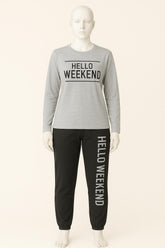 Women’s Slogan Print Knit Pajama Set – Light Grey & Wine | Cozy 2-Piece Loungewear