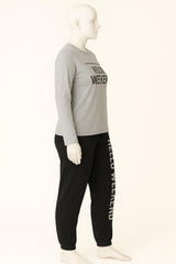 Women’s Slogan Print Knit Pajama Set – Light Grey & Wine | Cozy 2-Piece Loungewear