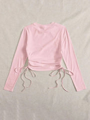 DRAWSTRING RUCHED SOLID FULL SLEEVE TEE