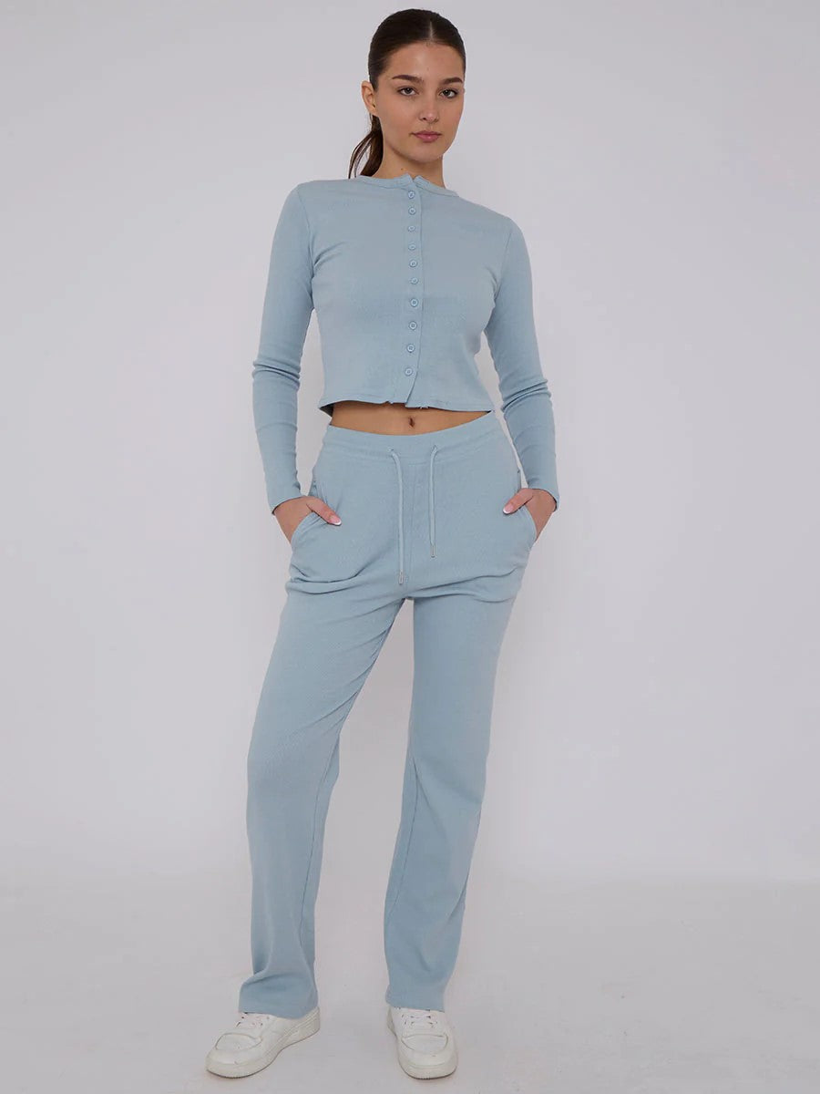 Fine Rib Button Detail Top & Wide Leg Trouser Set – Women’s Co-Ord Outfit
