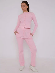Fine Rib Button Detail Top & Wide Leg Trouser Set – Women’s Co-Ord Outfit