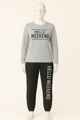 Women’s Slogan Print Knit Pajama Set – Light Grey & Wine | Cozy 2-Piece Loungewear