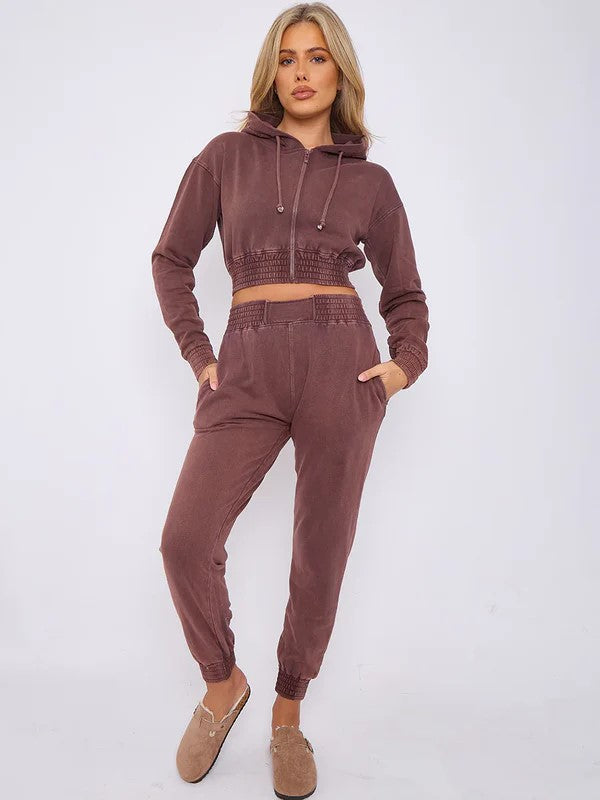 Acid Wash Cropped Zip Hoodie & Joggers Set – Women’s Tracksuit Co-Ord