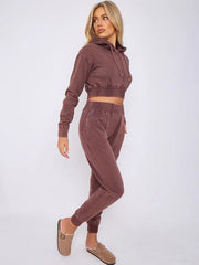 Acid Wash Cropped Zip Hoodie & Joggers Set – Women’s Tracksuit Co-Ord