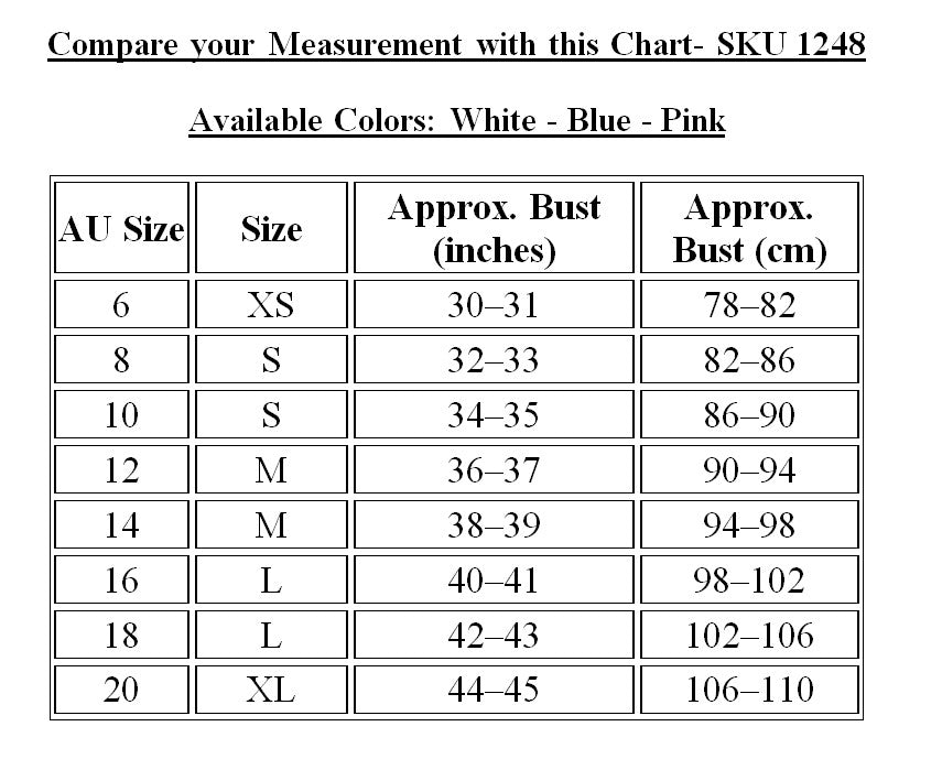 Measurement chart for clothing with size and bust measurements in inches and centimeters, available in white, blue, and pink.